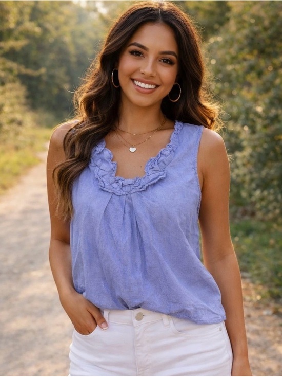 Talbots Tops - Talbots Blue  Ruffle Scoop Neck Sleeveless Blouse
